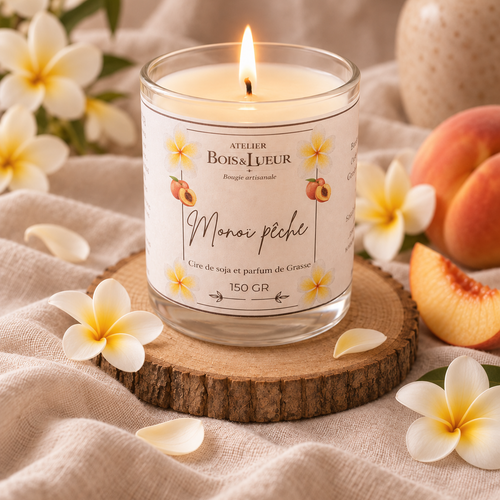 Bougie artisanale en cire de soja – Monoi pêche