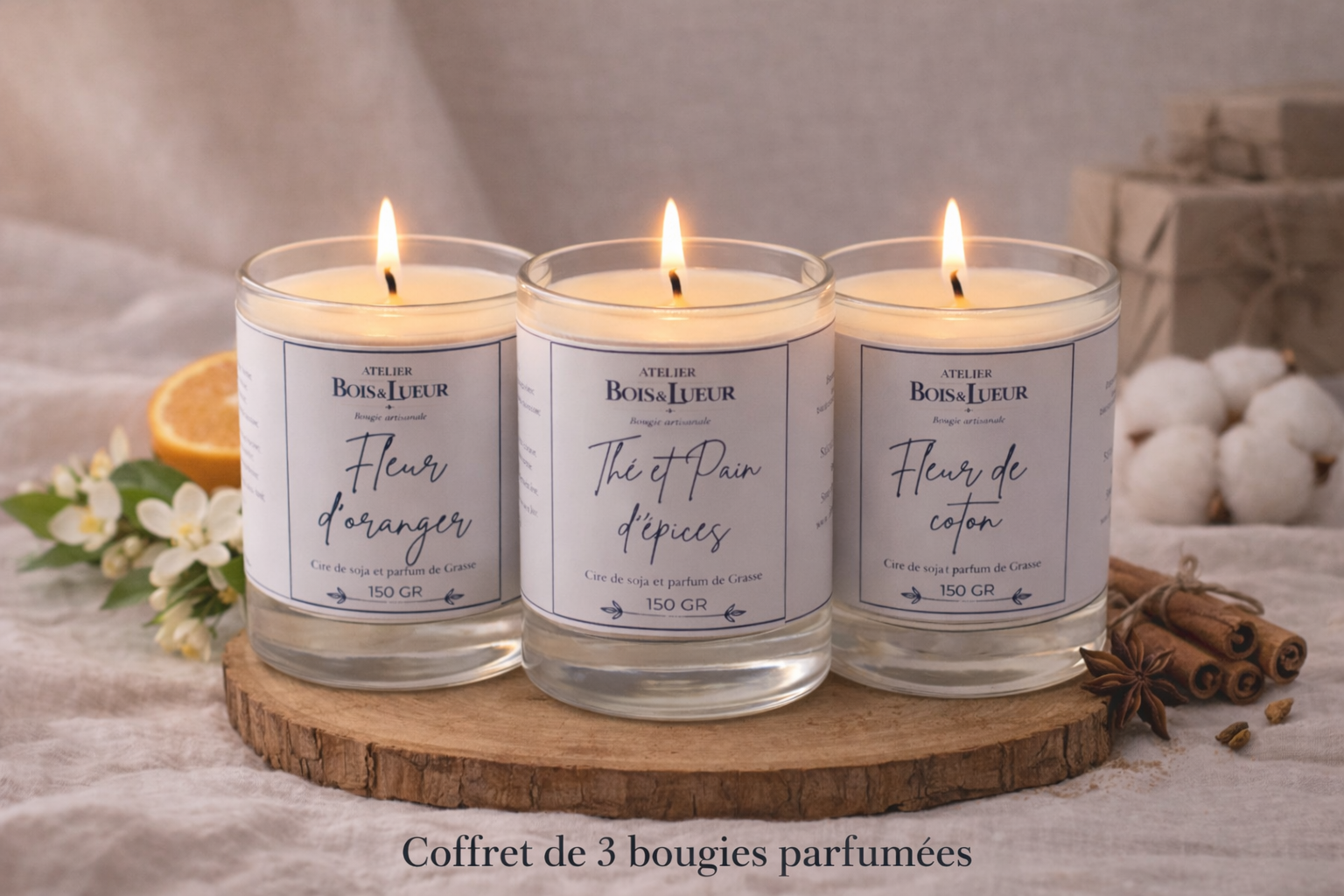 Coffret de 3 bougies parfumées 150 gr artisanales à composer