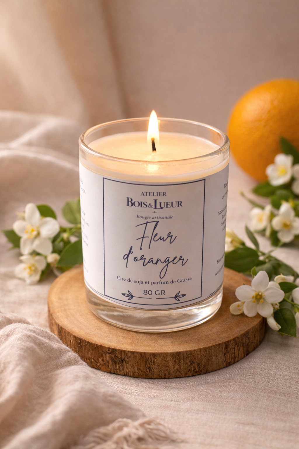 Bougie artisanale en cire de soja – Fleur d'oranger