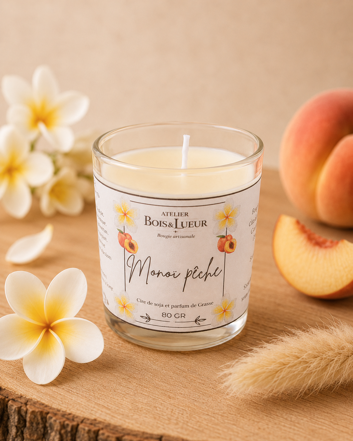 Bougie artisanale en cire de soja – Monoi pêche