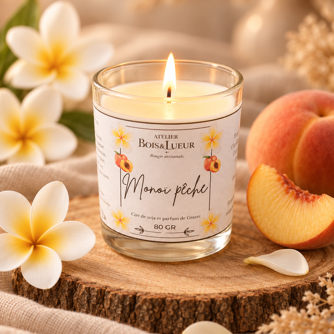 Bougie artisanale en cire de soja – Monoi pêche