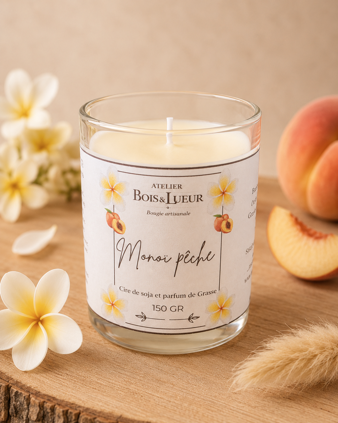 Bougie artisanale en cire de soja – Monoi pêche